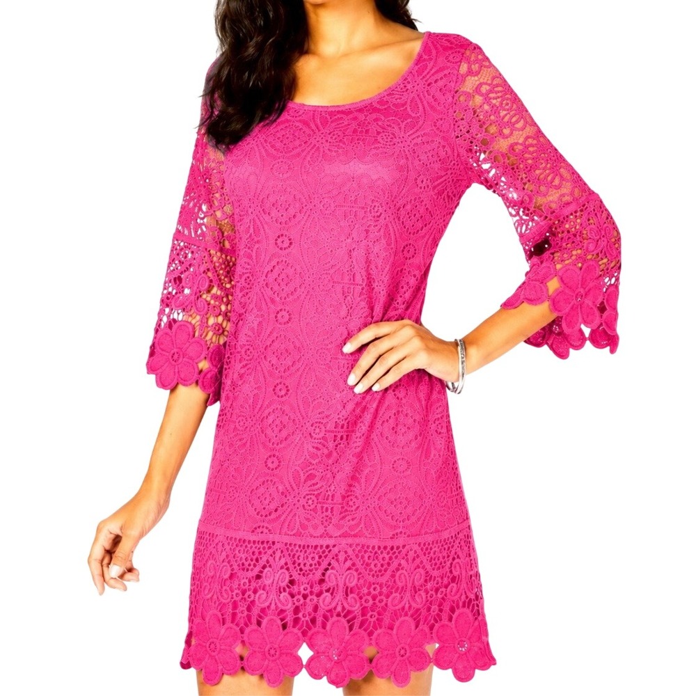 NWT Alfani Womens Pink Lace Floral Crochet Hem‎ 3/4 Sleeve Shift Dress Large